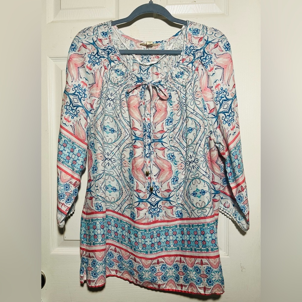 Linen 100% Charter Club Blue/white Patterned 3/4 Sleeves Tie Neck Blouse Sz XL